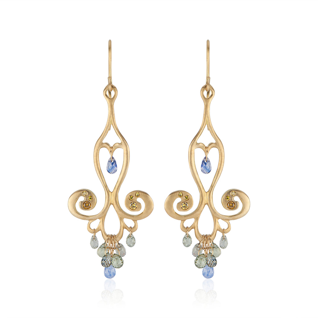 18k Yellow Gold Chandelier Earrings with Blue Sapphire Teardrops and Canary Diamonds