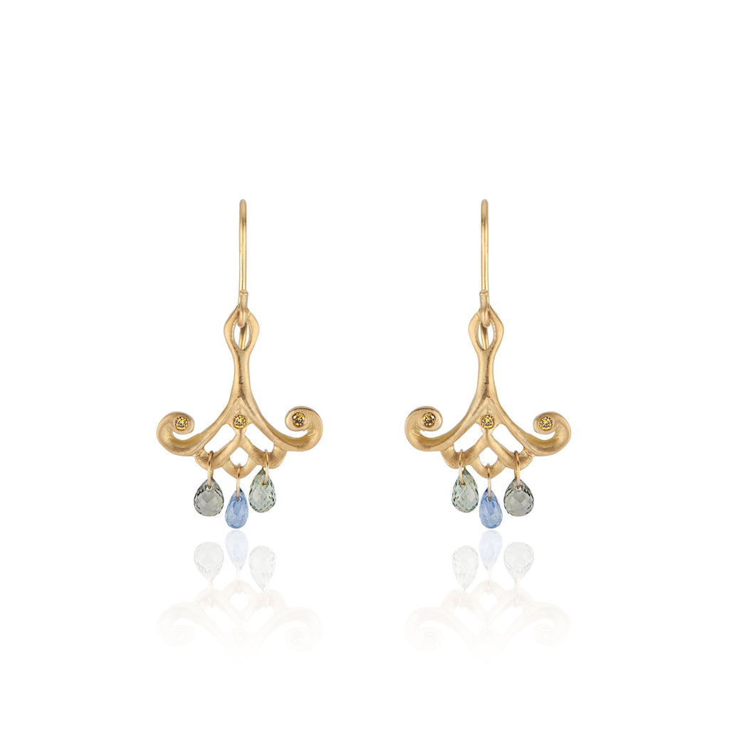 18k Yellow Gold Drop Earrings with Blue Sapphire Teardrops and Canary Diamonds