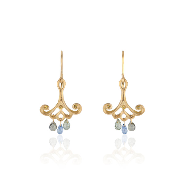18k Yellow Gold Drop Earrings with Blue Sapphire Teardrops and Canary Diamonds