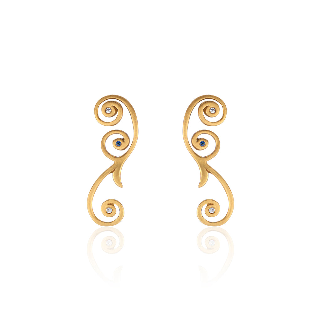 22k Gold Tendril Drop Post Earrings with Diamond and Royal Blue Sapphires.