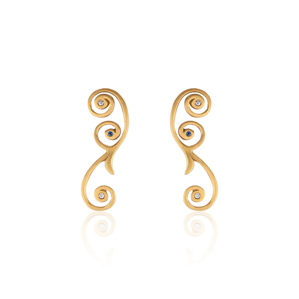 22k Gold Tendril Drop Post Earrings with Diamond and Royal Blue Sapphires.