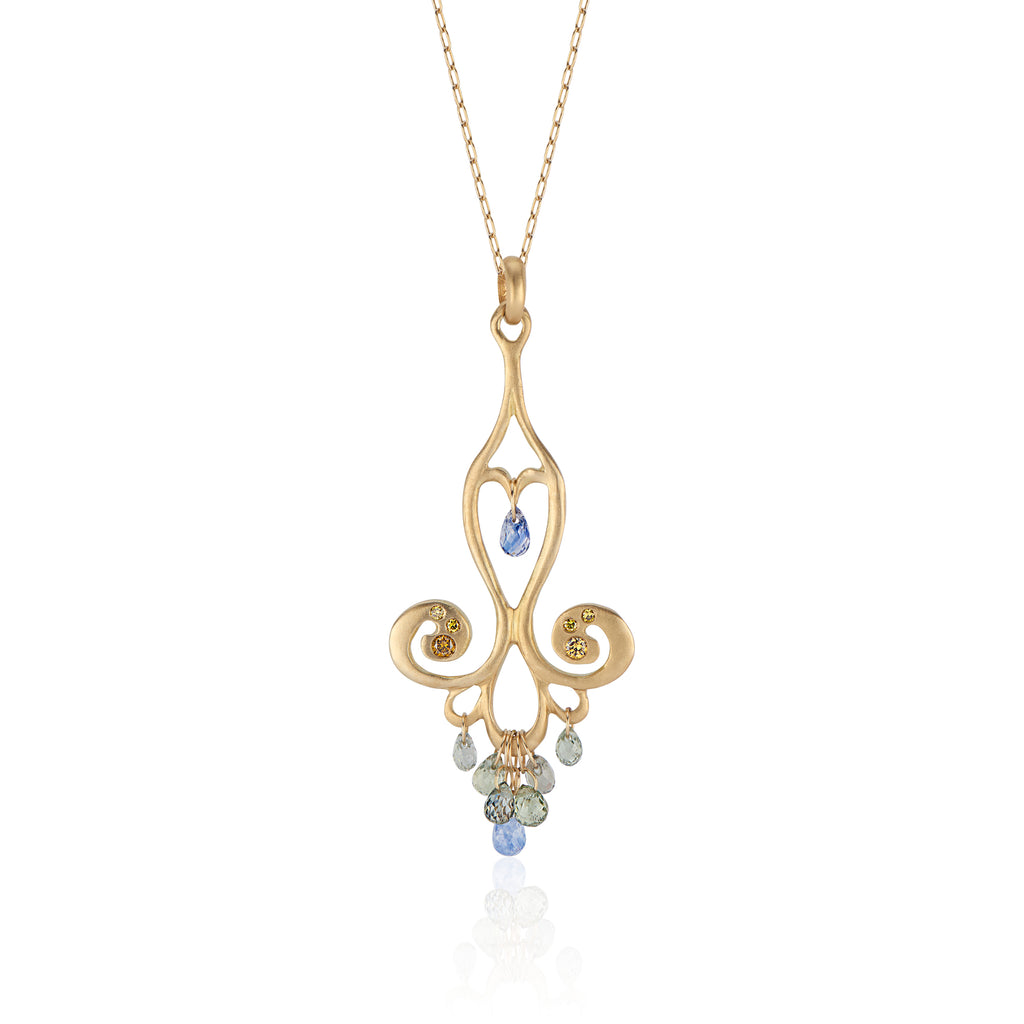 18k Yellow Gold Chandelier Necklace with Blue Sapphire Teardrops and Canary Diamonds