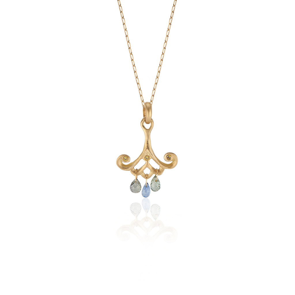 18k Yellow Gold Pendant Necklace with Blue Sapphire Teardrops and Canary Diamonds