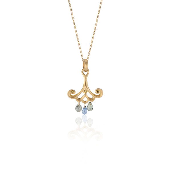 18k Yellow Gold Pendant Necklace with Blue Sapphire Teardrops and Canary Diamonds