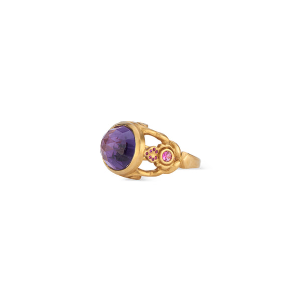 22k Gold Rose Cut Amethyst and Fuchsia-Sapphire Cocktail Ring