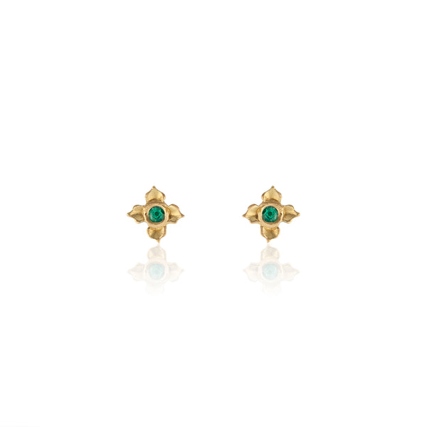 Emerald Stud Earrings set with Lotus Motif in 18k Yellow Gold
