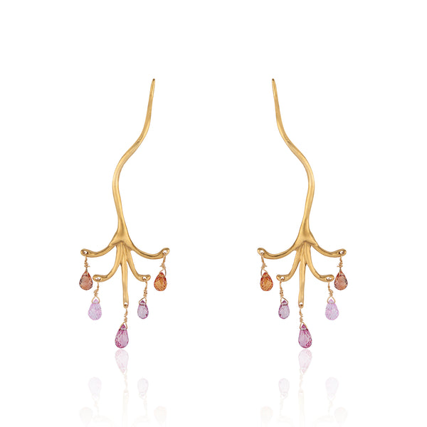 Sapphire Briolette Chandelier Branch Earrings 22k Yellow Gold
