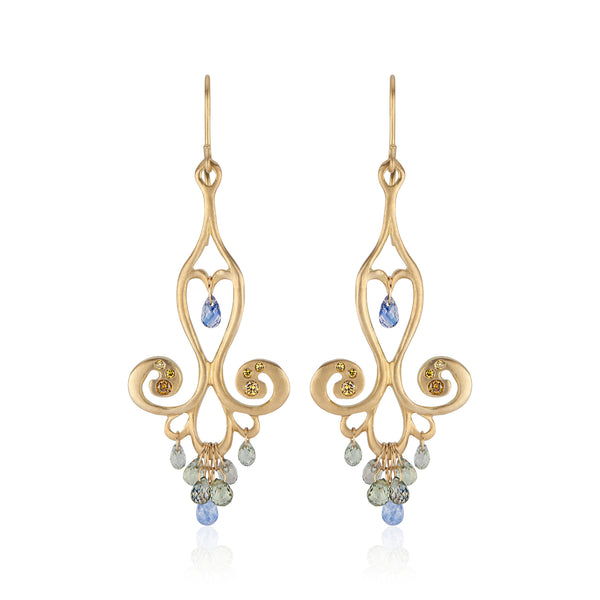 18k Yellow Gold Chandelier Earrings with Blue Sapphire Teardrops and Canary Diamonds
