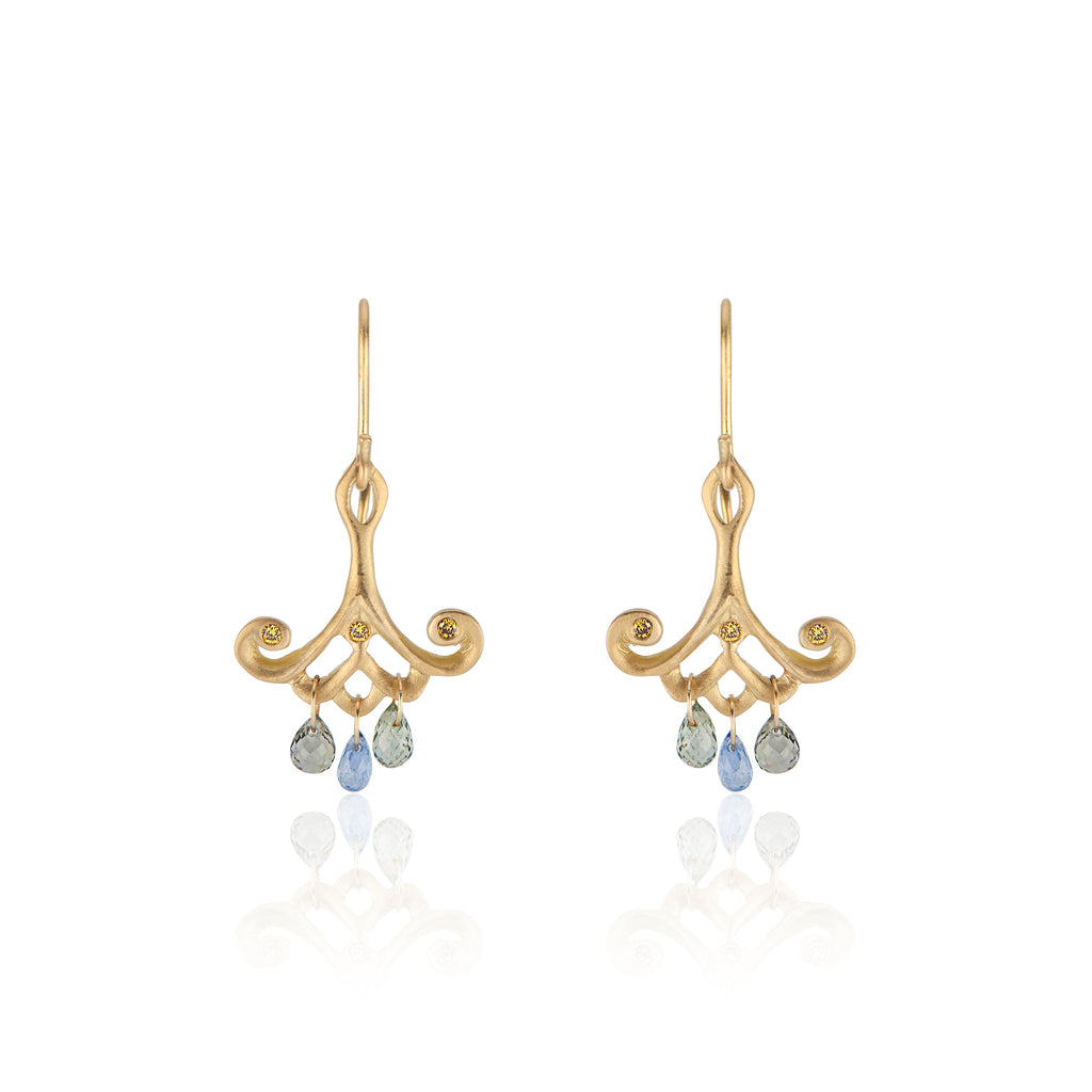 18k Yellow Gold Drop Earrings with Blue Sapphire Teardrops and Canary Diamonds