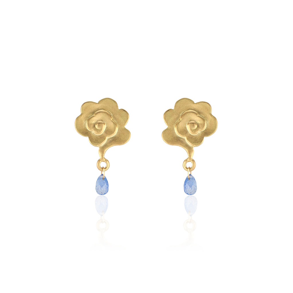18K Yellow Gold Rain Cloud Stud Earrings with Blue Sapphire Raindrops