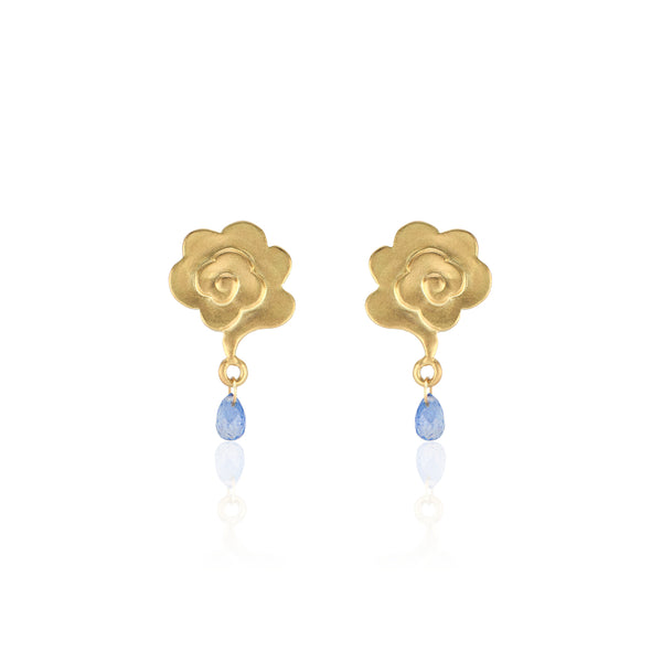 18K Yellow Gold Rain Cloud Stud Earrings with Blue Sapphire Raindrops
