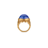 22k Gold Medieval Style Ring with Large Tanzanite Cabochon and Emeralds