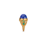 22k Gold Medieval Style Ring with Large Tanzanite Cabochon and Emeralds