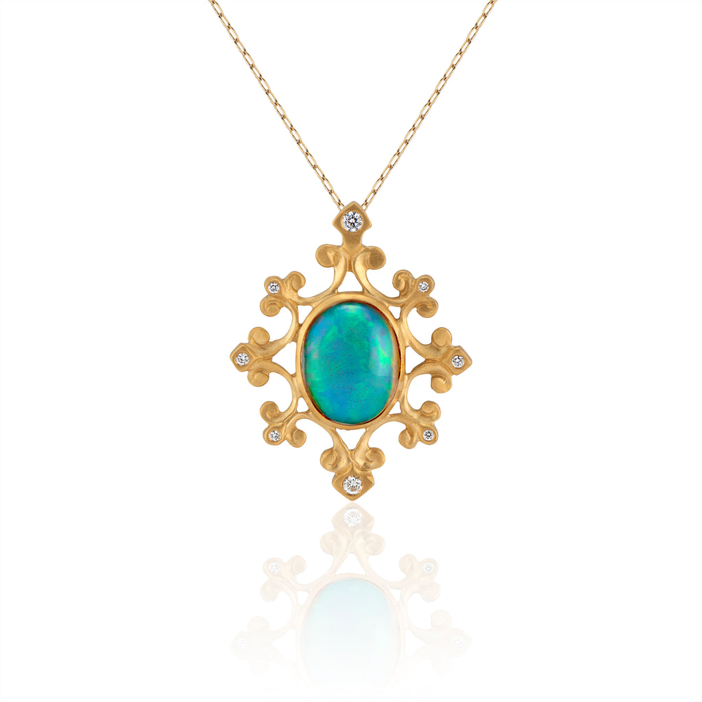 Ethiopian Opal and Diamond Medallion Necklace in 22k Gold