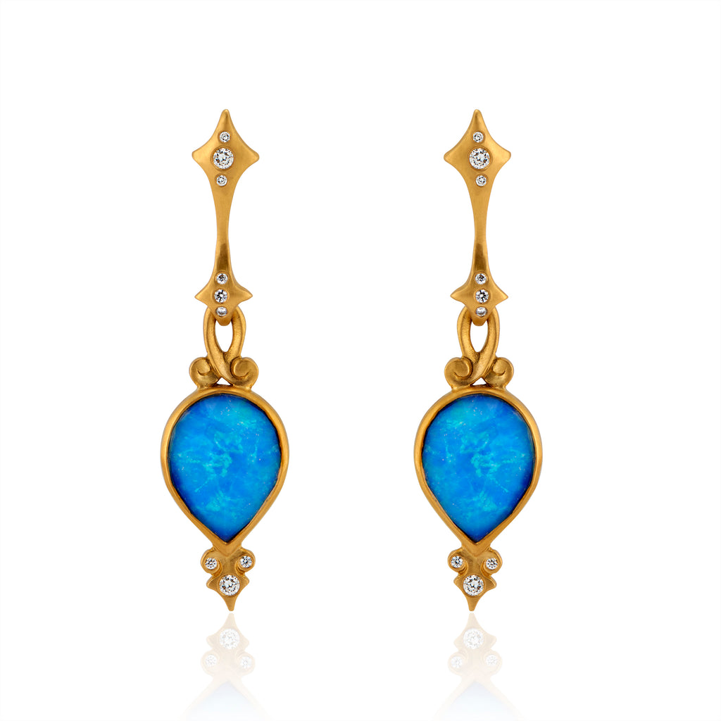 Rose Cut Tear Drop Ethiopian Opal and Diamond Earrings in 22k Gold