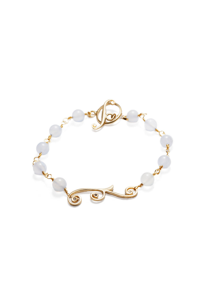 Tendril Bracelet with Chalcedony Beads, Diamonds and Blue Sapphires in 22k Yellow Gold