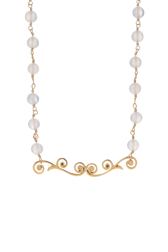 Chalcedony Bead Necklace with 22k Gold Tendril Pendant Accented with Diamond and Royal Blue Sapphire Melee