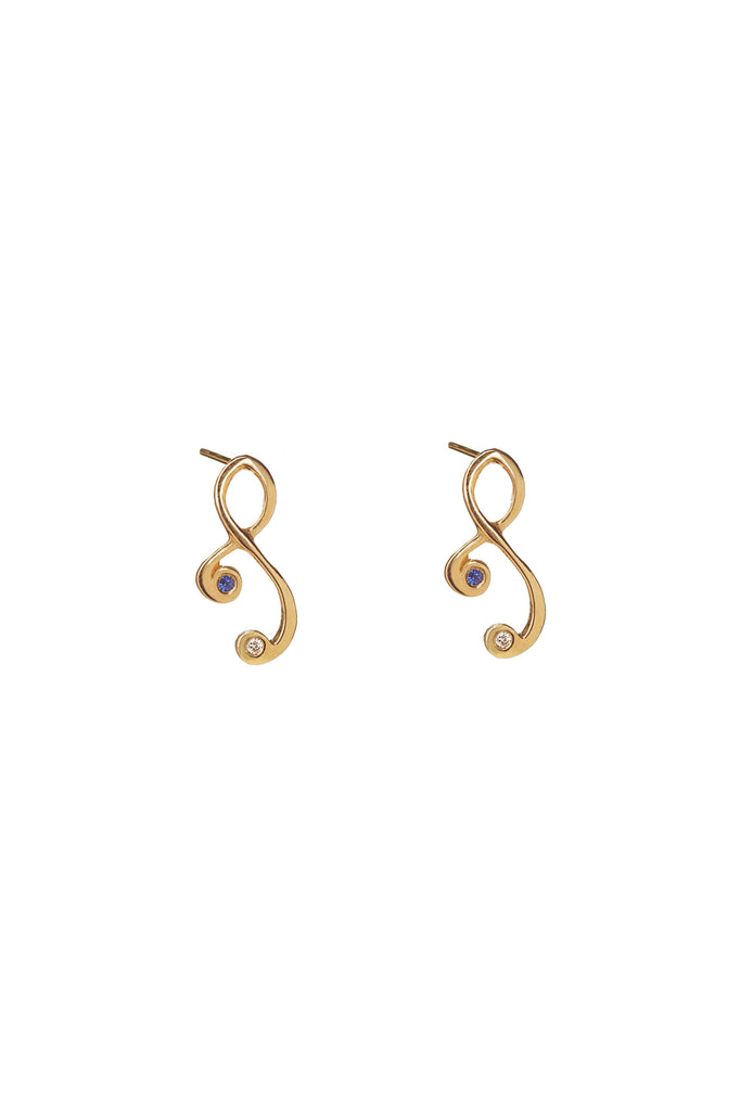 22k Gold Tiny Tendril Earrings with Diamond and Sapphire