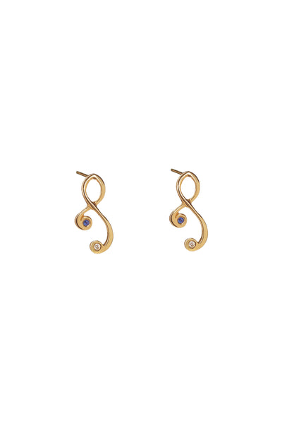 22k Gold Tiny Tendril Earrings with Diamond and Sapphire